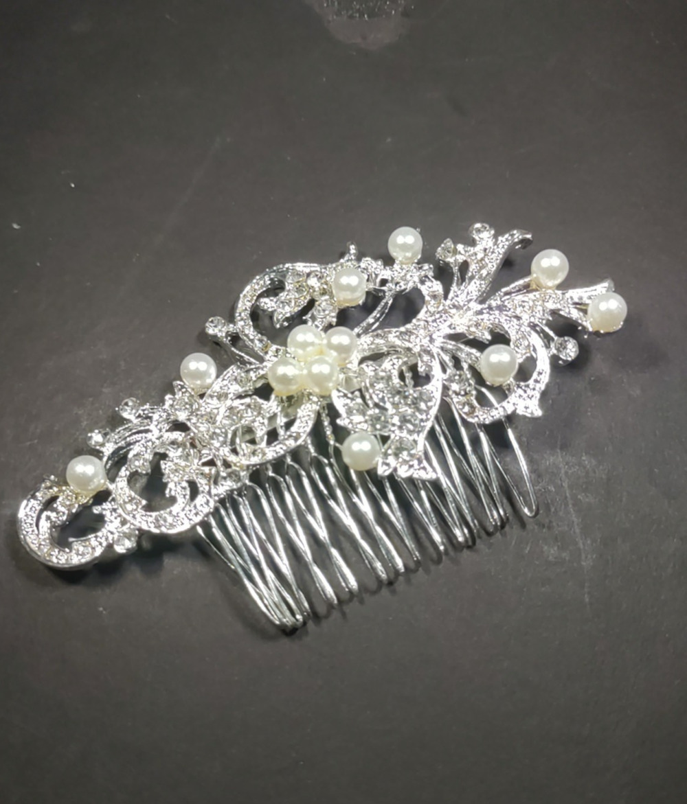 Hair Comb Barrette Silver Tone Faux Pearl Rhinestone Party Prom Preppy Whimsey
